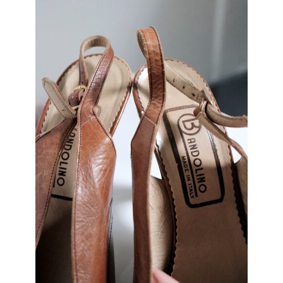 Vintage Bandolino Italy Brown Leather Peep Toe Floral Sandals - Picture 9 of 11